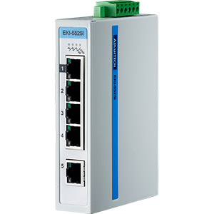 Advantech B+B EKI-5525I 5-port 10/100 Mbit/s Monitored Ethernet Switch med upp till 60% lägre strömförbrukning.