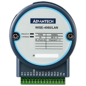 WISE-4060LAN är en industriell IoT Ethernet I/O-modul med 4 digitala ingångar och 4 reläutgångar, utformad för robust drift i temperaturer från -40°C till +70°C.