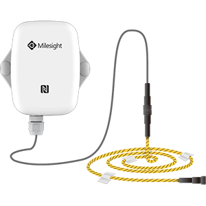 Milesight EM300-ZLD är en LoRaWAN enhet med en läckagesensor i en 3 meters sensorkabel. Dessutom monitoreras temperatur och luftfuktighet. Komplett med 5 års batteri