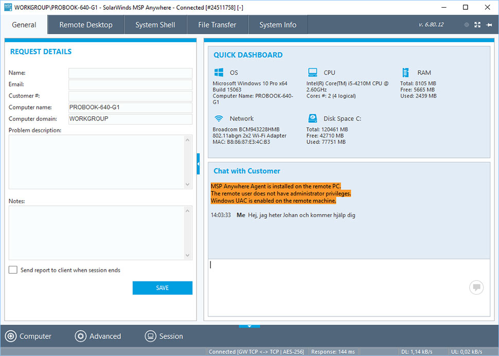 MSP Anywhere Remote support chat