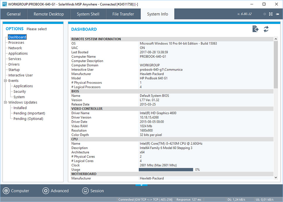 MSP Anywhere System Info