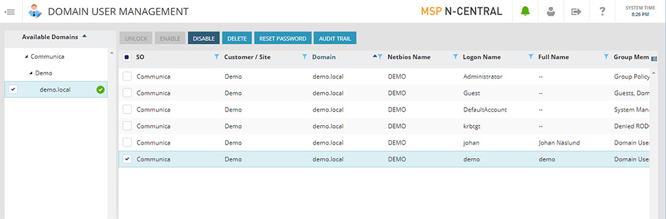 N-central user administration Active Directory